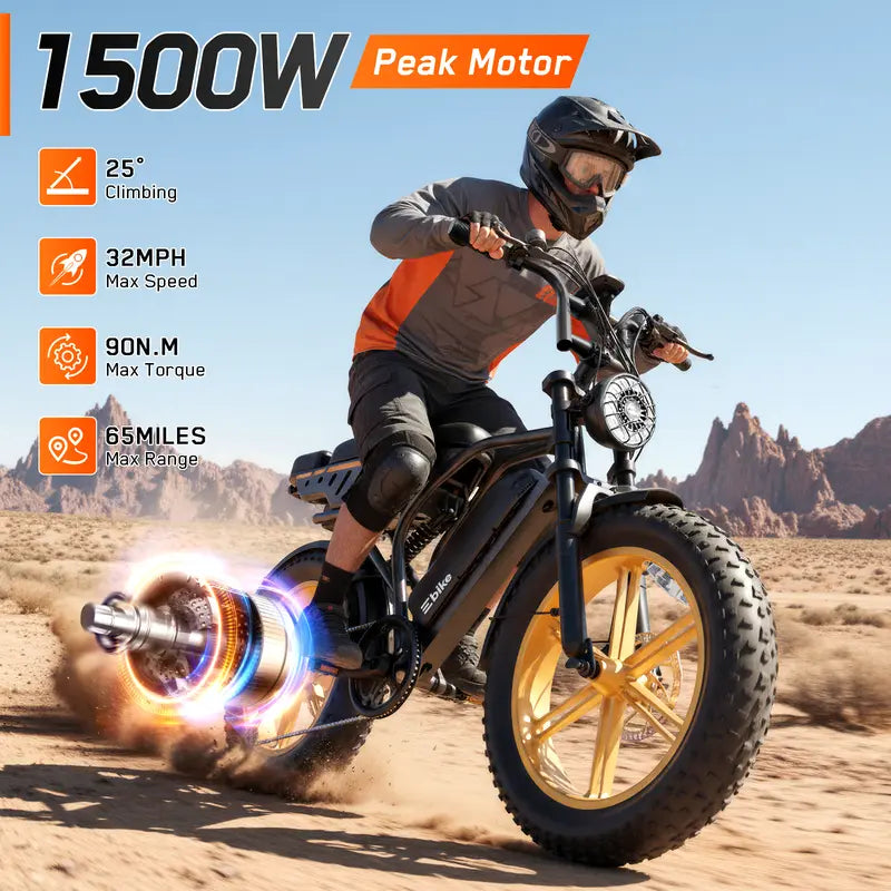1500W Fat Tire Ebike, 28MPH, 60 Miles Range, 48V 15Ah Battery, Rear Seat, UL Certified