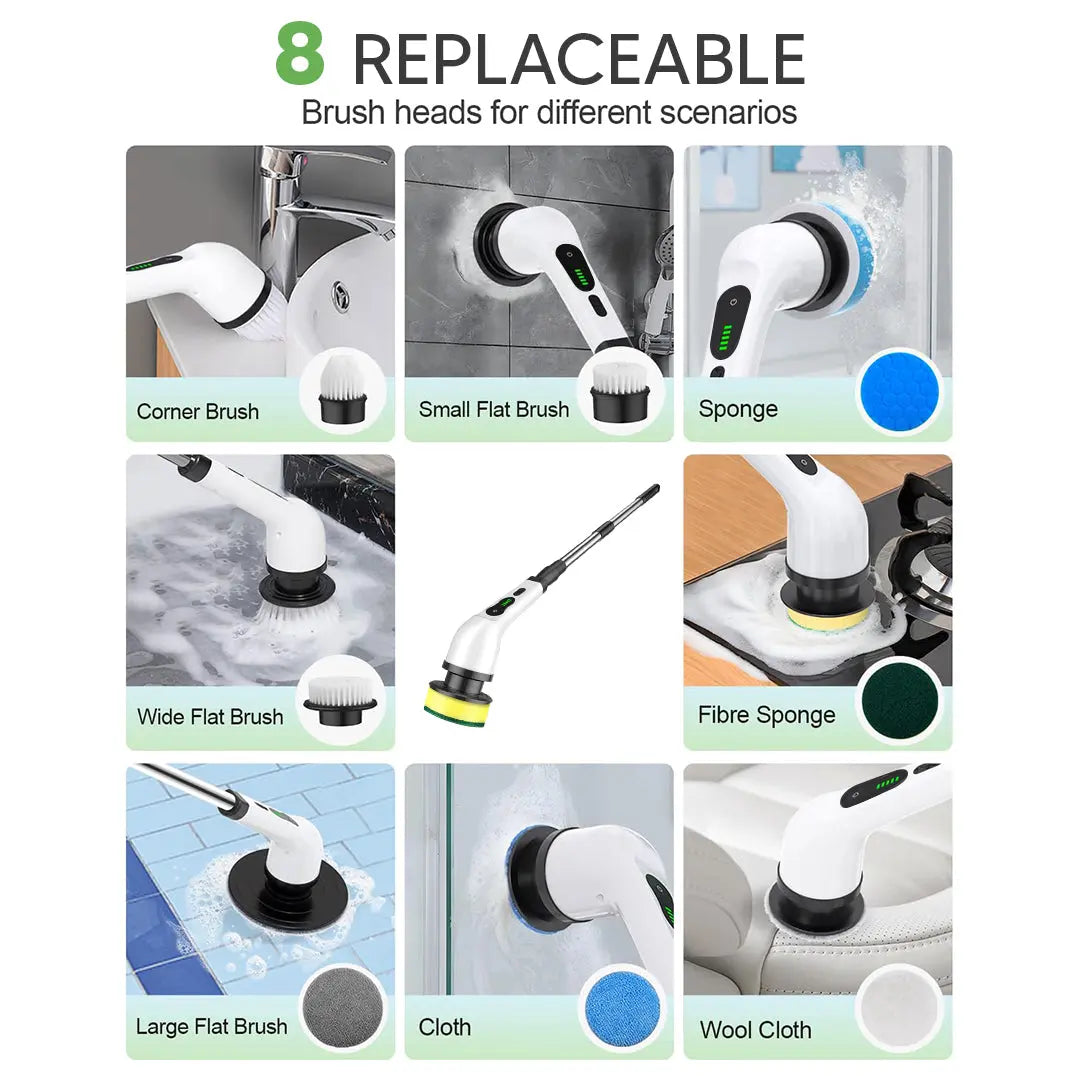 IPX7 Waterproof Rechargeable Cordless Cleaning Brush, Dual Speed Electric Scrubber with 9 Multi-Purpose Brush Heads for Household Deep Cleaning
