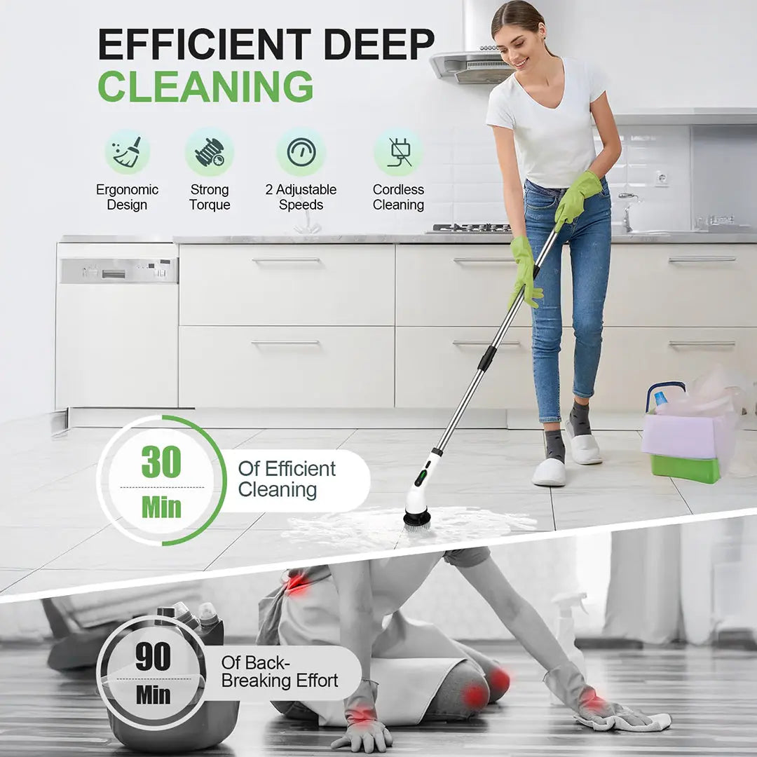 IPX7 Waterproof Rechargeable Cordless Cleaning Brush, Dual Speed Electric Scrubber with 9 Multi-Purpose Brush Heads for Household Deep Cleaning