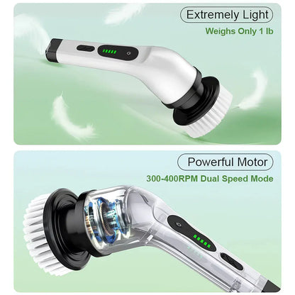 IPX7 Waterproof Rechargeable Cordless Cleaning Brush, Dual Speed Electric Scrubber with 9 Multi-Purpose Brush Heads for Household Deep Cleaning