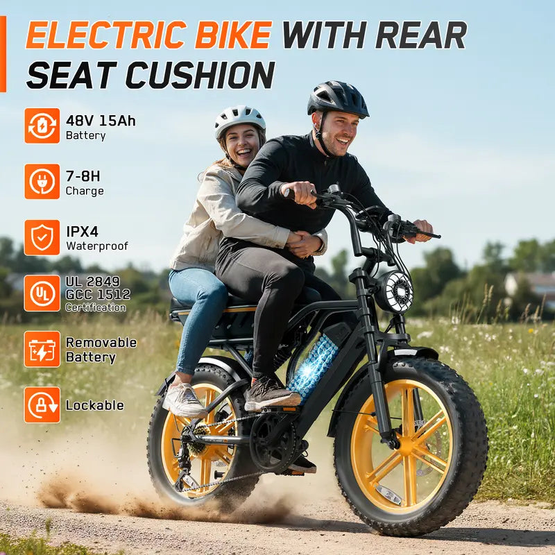 1500W Fat Tire Ebike, 28MPH, 60 Miles Range, 48V 15Ah Battery, Rear Seat, UL Certified