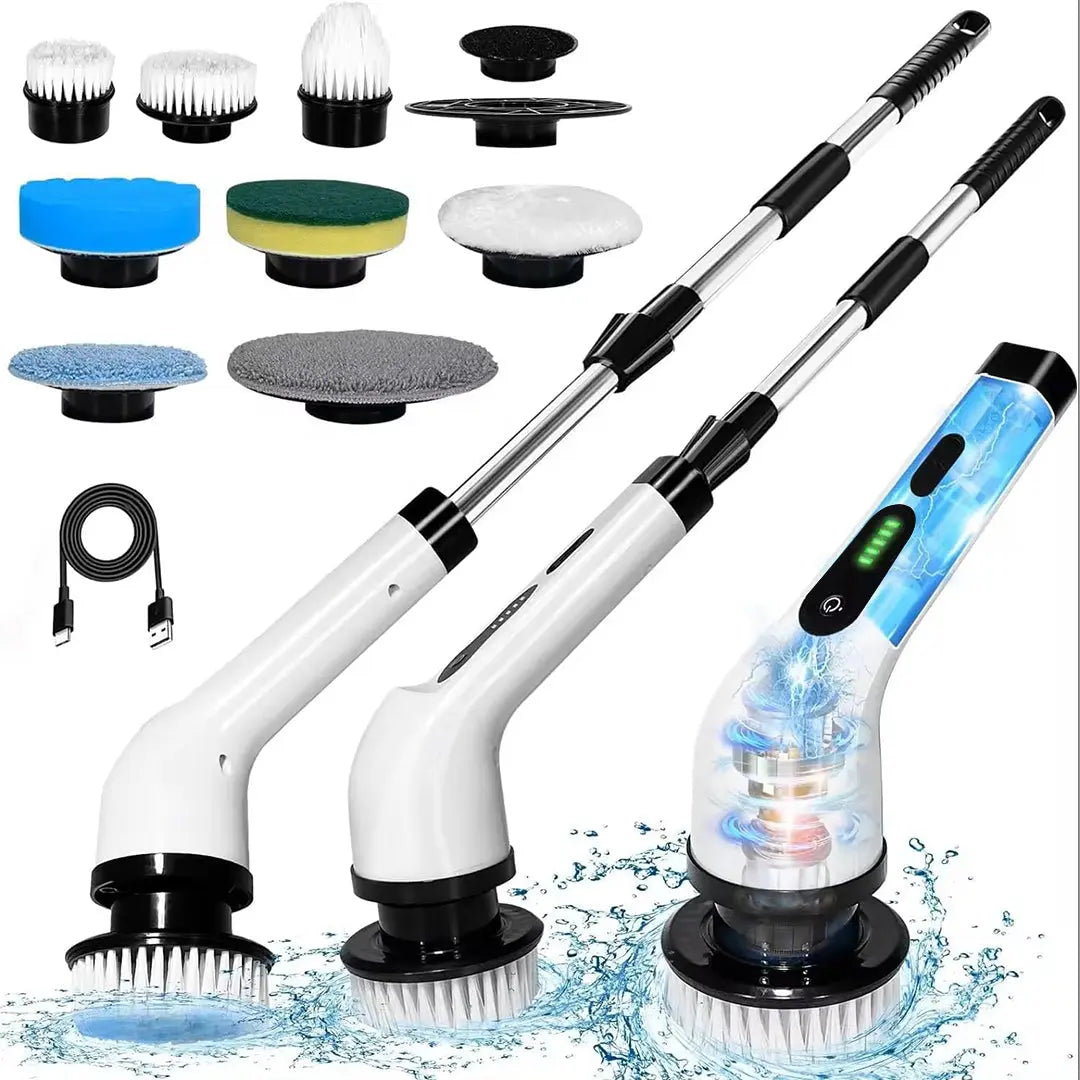 IPX7 Waterproof Rechargeable Cordless Cleaning Brush, Dual Speed Electric Scrubber with 9 Multi-Purpose Brush Heads for Household Deep Cleaning