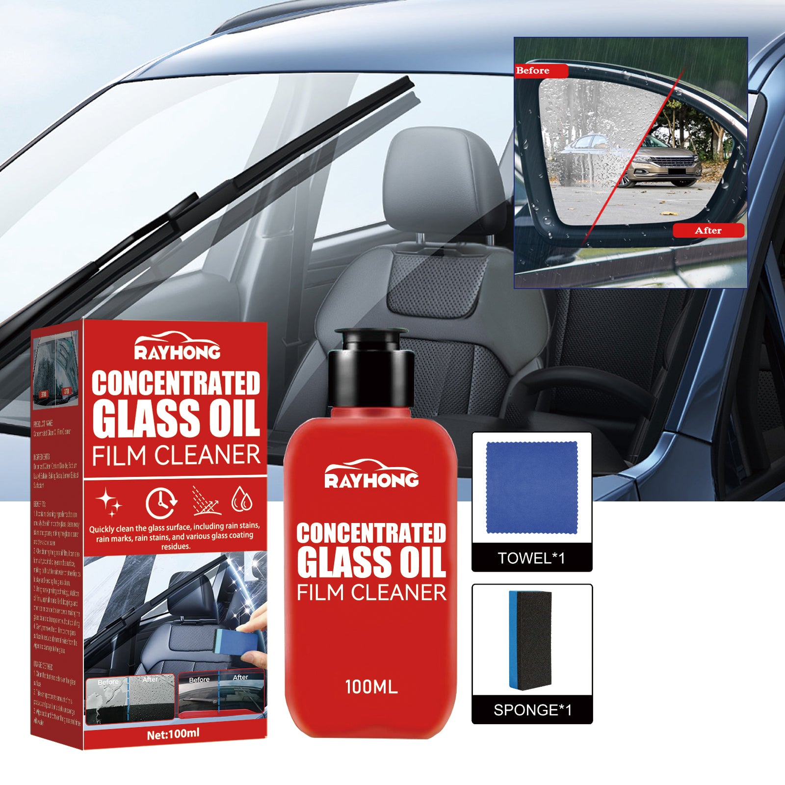 Rayhong Concentrated Glass Oil Film Cleaner - Anti-Fog, Rain Repellent, Oil & Stain Remover for Car Windshield & Windows 