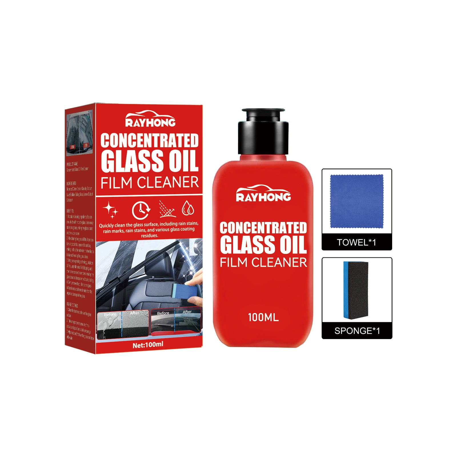 Rayhong Concentrated Glass Oil Film Cleaner - Anti-Fog, Rain Repellent, Oil & Stain Remover for Car Windshield & Windows 