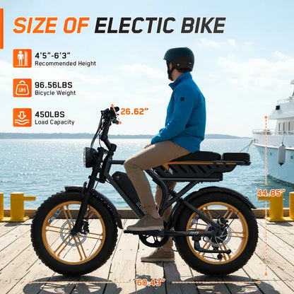 1500W Fat Tire Ebike, 28MPH, 60 Miles Range, 48V 15Ah Battery, Rear Seat, UL Certified